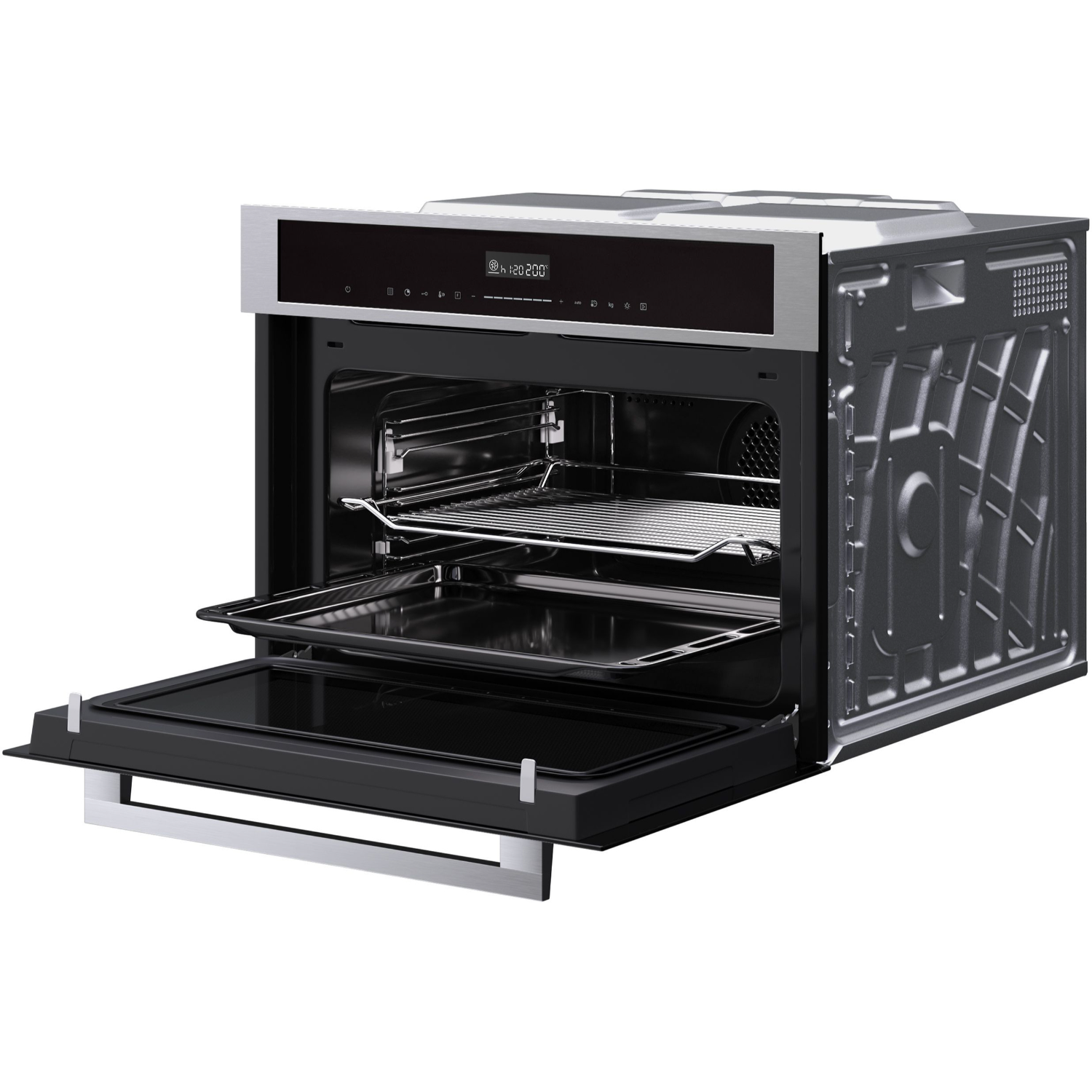 Oven met open deur met laden en rekken. Display toont instellingen. Zilver en zwart.