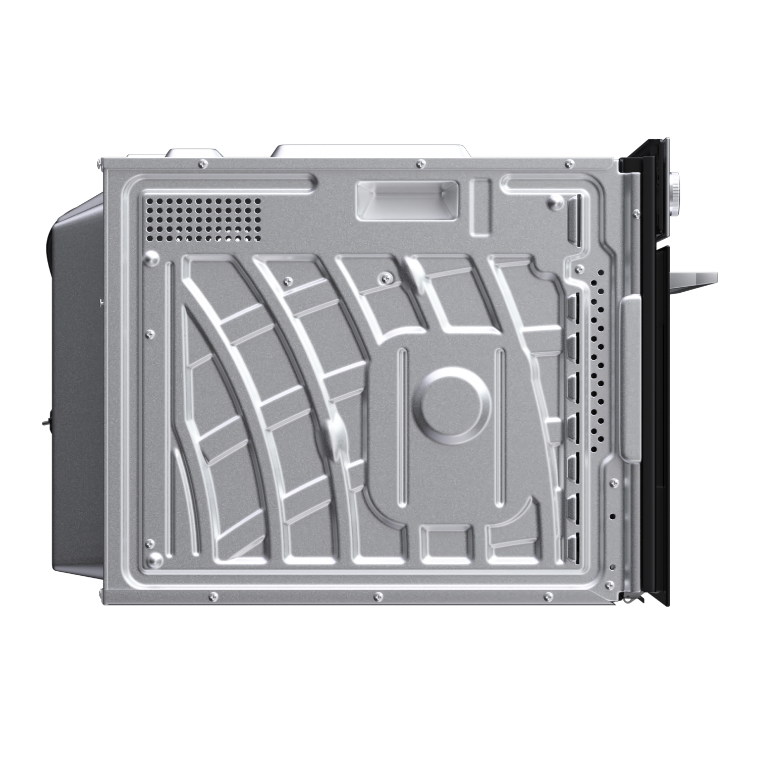 Onderkant van een oven met ventilatieopeningen, een ventilator en metalen panelen, witte achtergrond.