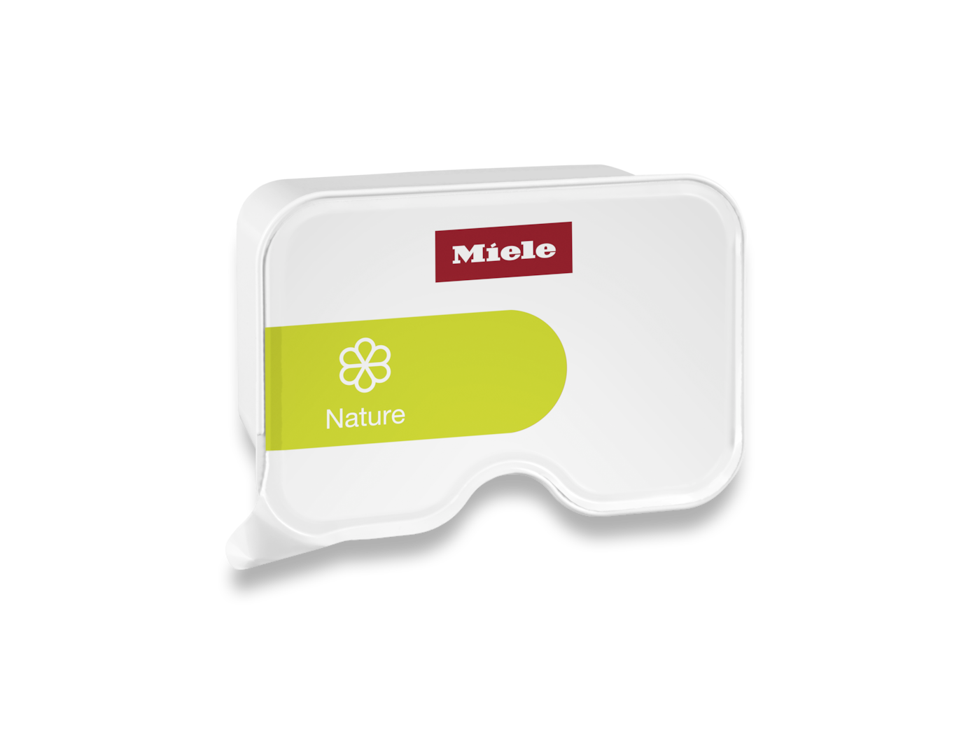 Weiße Miele-Verpackung mit grünem "Nature"-Aufdruck und einem Blütensymbol.