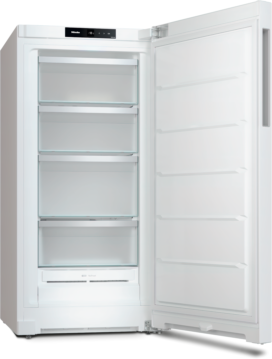 Ein weißer, offener Gefrierschrank mit Glasböden und einer Schublade.
