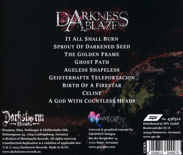 Darkness Blaze Album-Rückseite mit Trackliste und Logos.