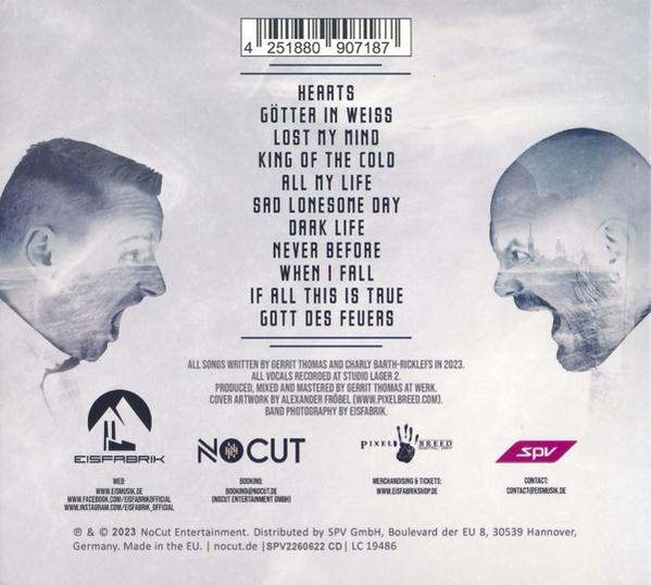 Albumcover mit zwei Gesichtern und Text. Gesichter sind im Profil, schauen sich an, weißer Hintergrund.