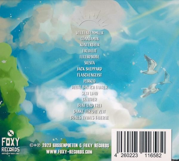 CD-Cover: Deutsche Titel auf blauem Himmel mit Möwen und grünem Baum.