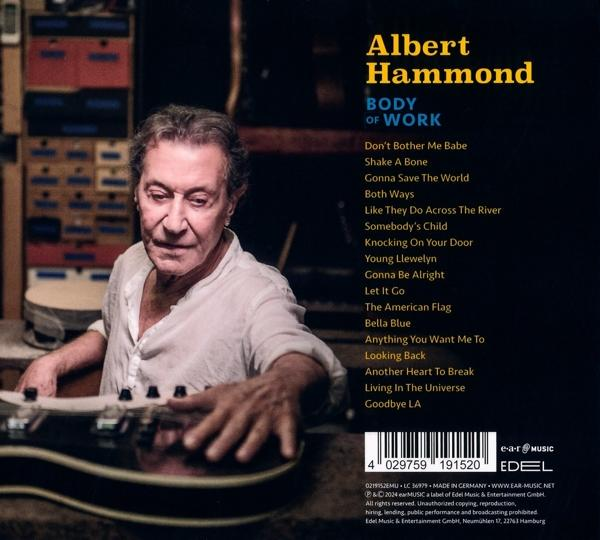 Albert Hammond mit Gitarre, Albumtitel Body of Work und Trackliste.