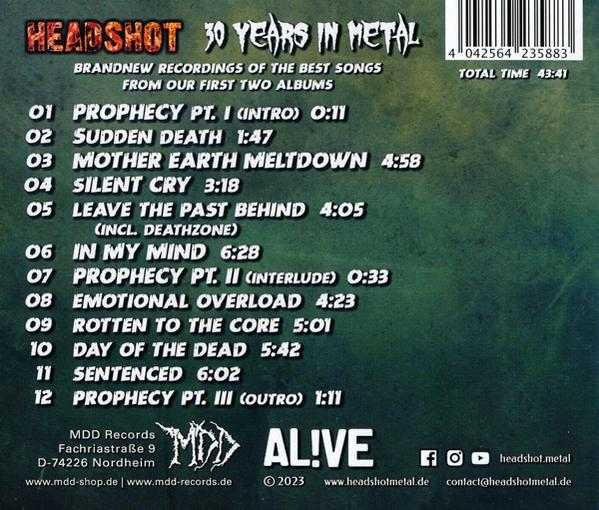 Rückseite der 'Headshot 30 Years In Metal' CD mit Trackliste und Logo.