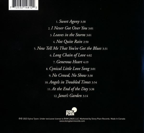 Die Rückseite einer CD, mit Titeln und Credits auf dunklem Hintergrund.