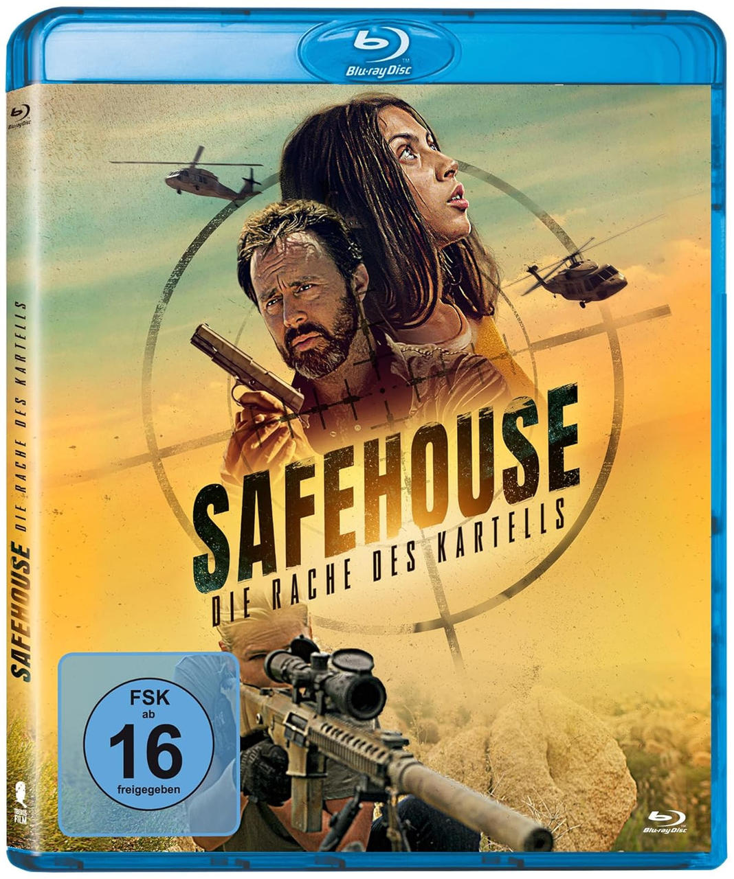 DVD-Cover: Mann mit Pistole, Frau blickt nach oben, Hubschrauber.