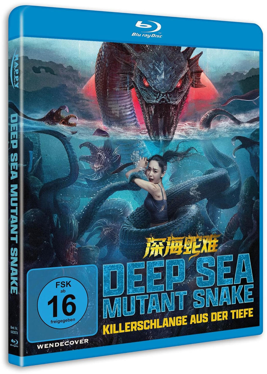 Blu-ray-Hülle. Frau im Wasser, von einer Riesenschlange angegriffen. Filmtitel: Deep Sea Mutant Snake. Hintergrund: Riesenschlangenkopf.