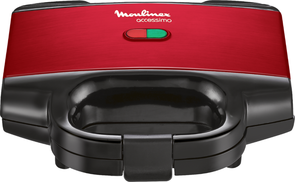 Rode en zwarte Moulinex accessimo wafelijzer met rode en groene indicatielampjes.