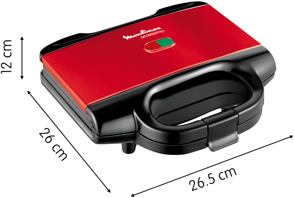 Een rode Moulinex-sandwichmaker, afmetingen weergegeven.