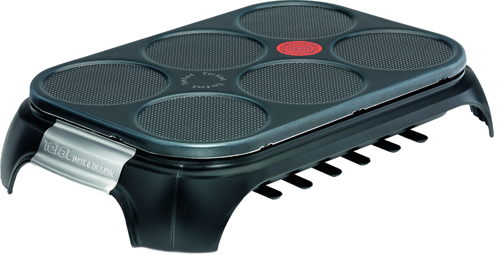 Zwarte pannenkoekenmaker met zes ronde bakvlakken, merk Tefal.