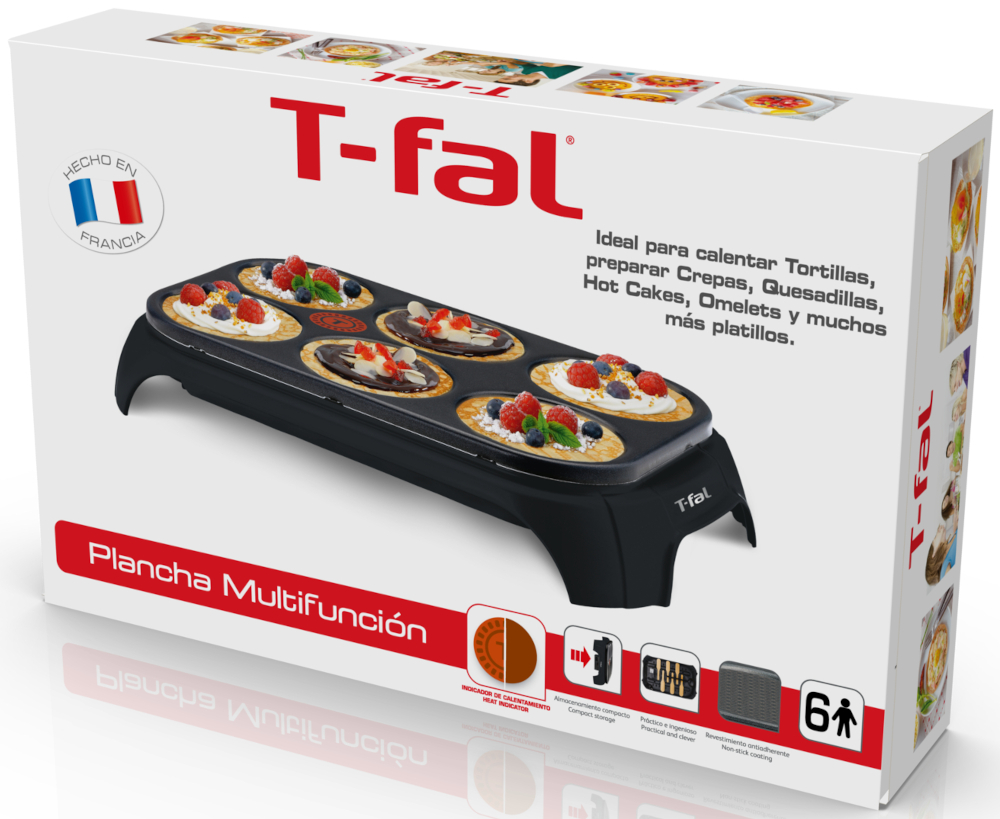 T-Fal multifunctionele bakplaatdoos. De bakplaat heeft zes kooksecties met eten erop.