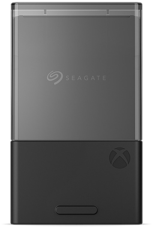 Black Seagate Xbox external hard drive. It has the Seagate logo and Xbox logo on the front.