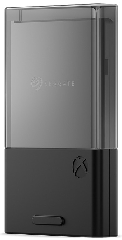 Black and clear Seagate external hard drive for Xbox, with the Xbox logo.