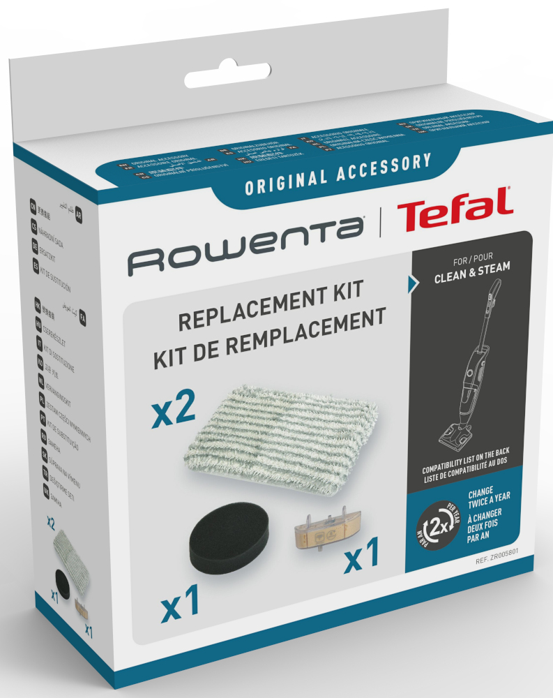 Tefal Rowenta replacement kit box. Includes mops, pads, and accessories. White and blue.