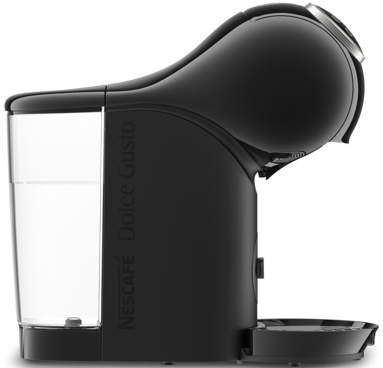 Black Nescafé Dolce Gusto coffee machine, with a transparent water tank on the side.