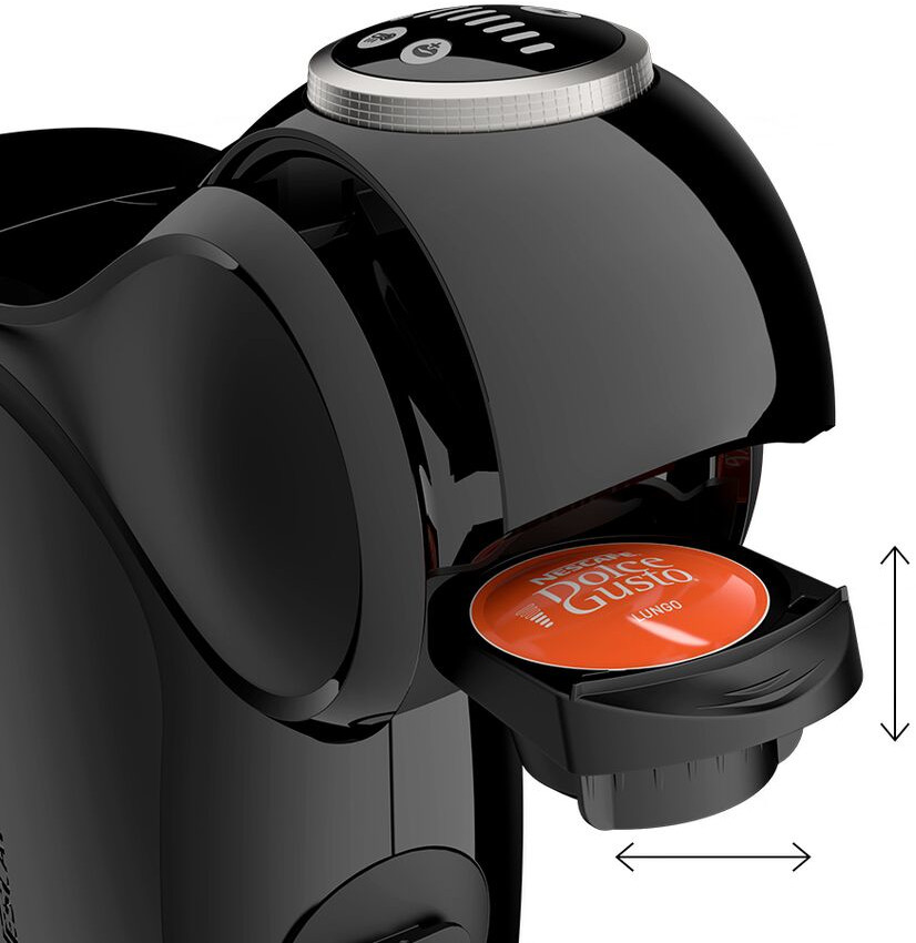 Black coffee machine with an orange coffee pod in the tray.