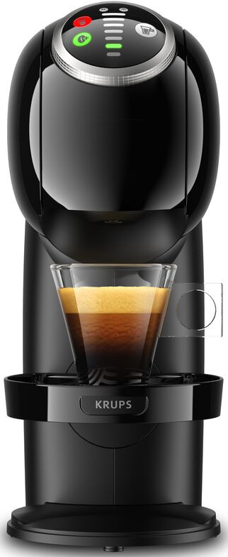 Black coffee machine, glass with espresso.
