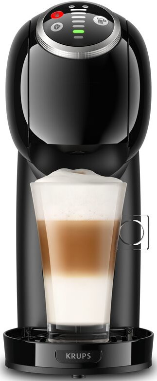 Black Krups coffee machine with a latte glass, with a black base.