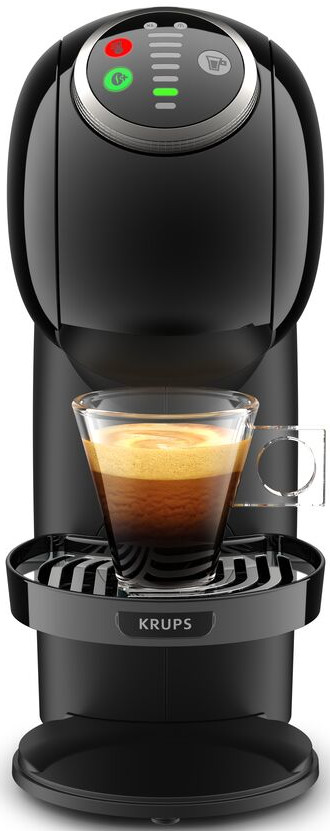 A black coffee machine with a glass of espresso, with a Krups logo on the base.