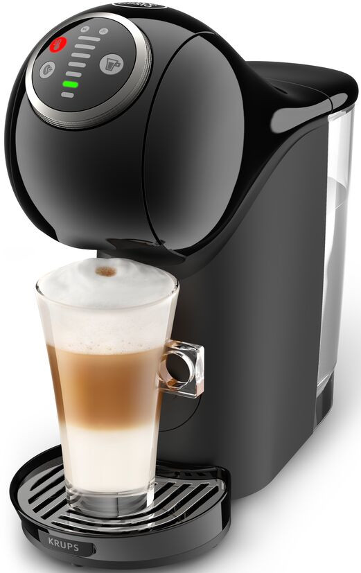 Black coffee machine with a glass of layered coffee. The machine has green and red lights.