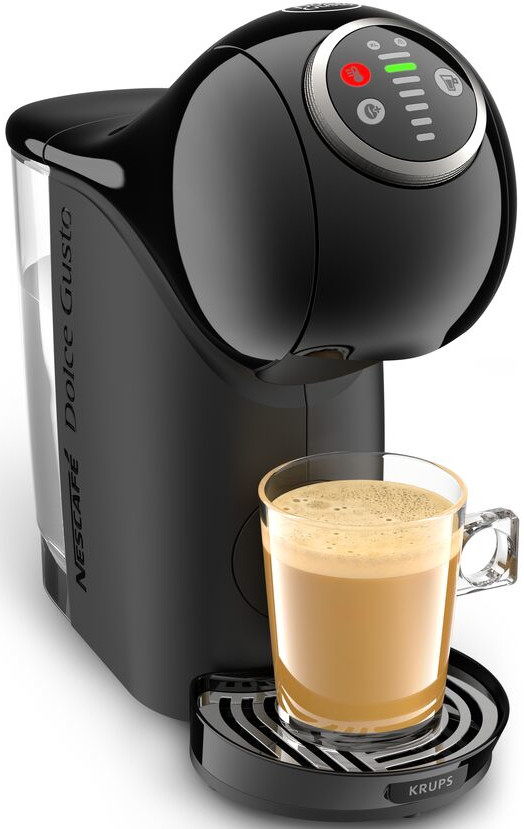 Black and silver Nescafe Dolce Gusto coffee machine with a glass of coffee.