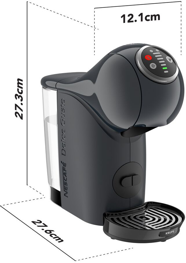 Black Krups Nescafe Dolce Gusto coffee machine with dimensions, showing its design and features.