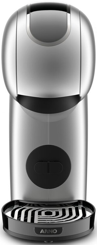 Zilverkleurig koffiezetapparaat met een zwarte knop en een lekbak. Het ontwerp is ovaal.