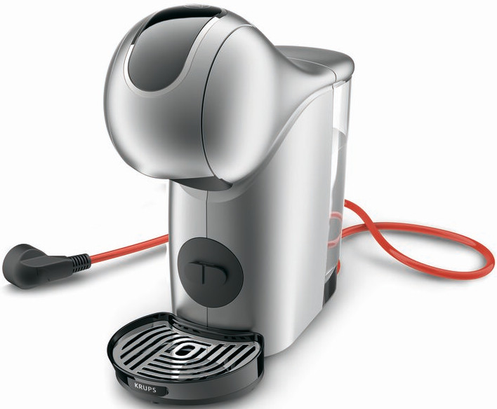 Zilver-zwarte Krups koffiemachine met een rood netsnoer. Het staat op een witte achtergrond.