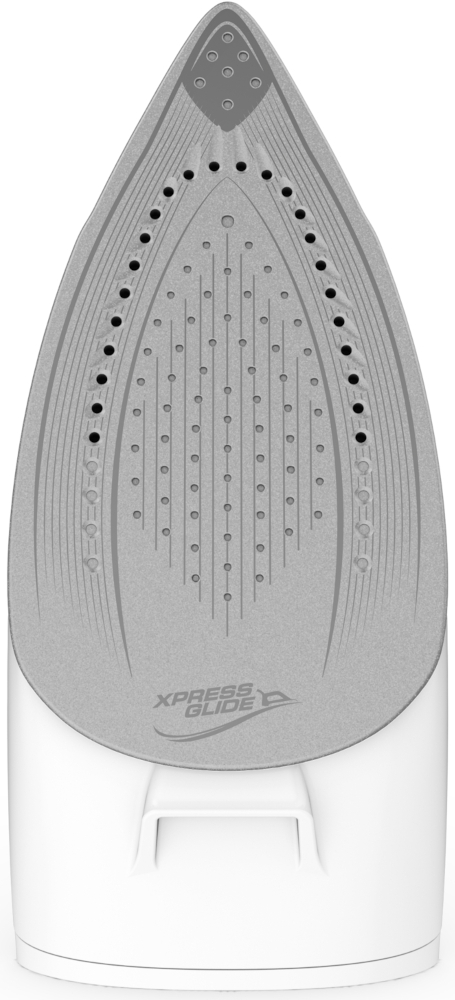 De zoolplaat van een wit en grijs strijkijzer met Xpress Glide-tekst en stoomgaten.