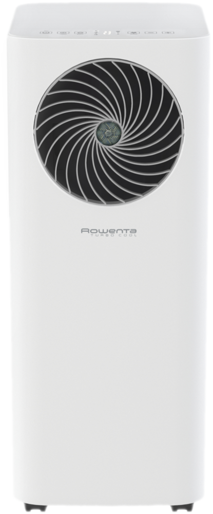 Witte luchtreiniger met een cirkelvormige, zwarte ventilator. Rowenta logo zichtbaar.