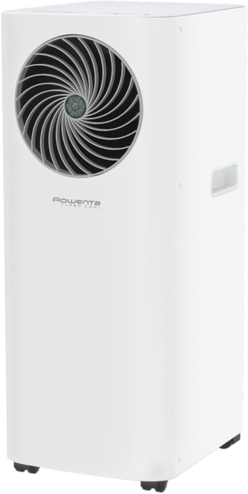 Witte luchtkoeler met een ventilator. Er staat Rowenta Turbo Cool op.