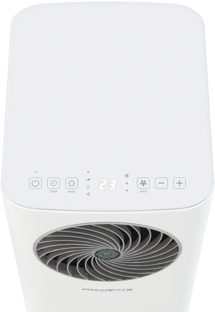 Witte luchtreiniger met digitaal display. Hij heeft een ventilator aan de onderkant en bedieningsknoppen bovenop.