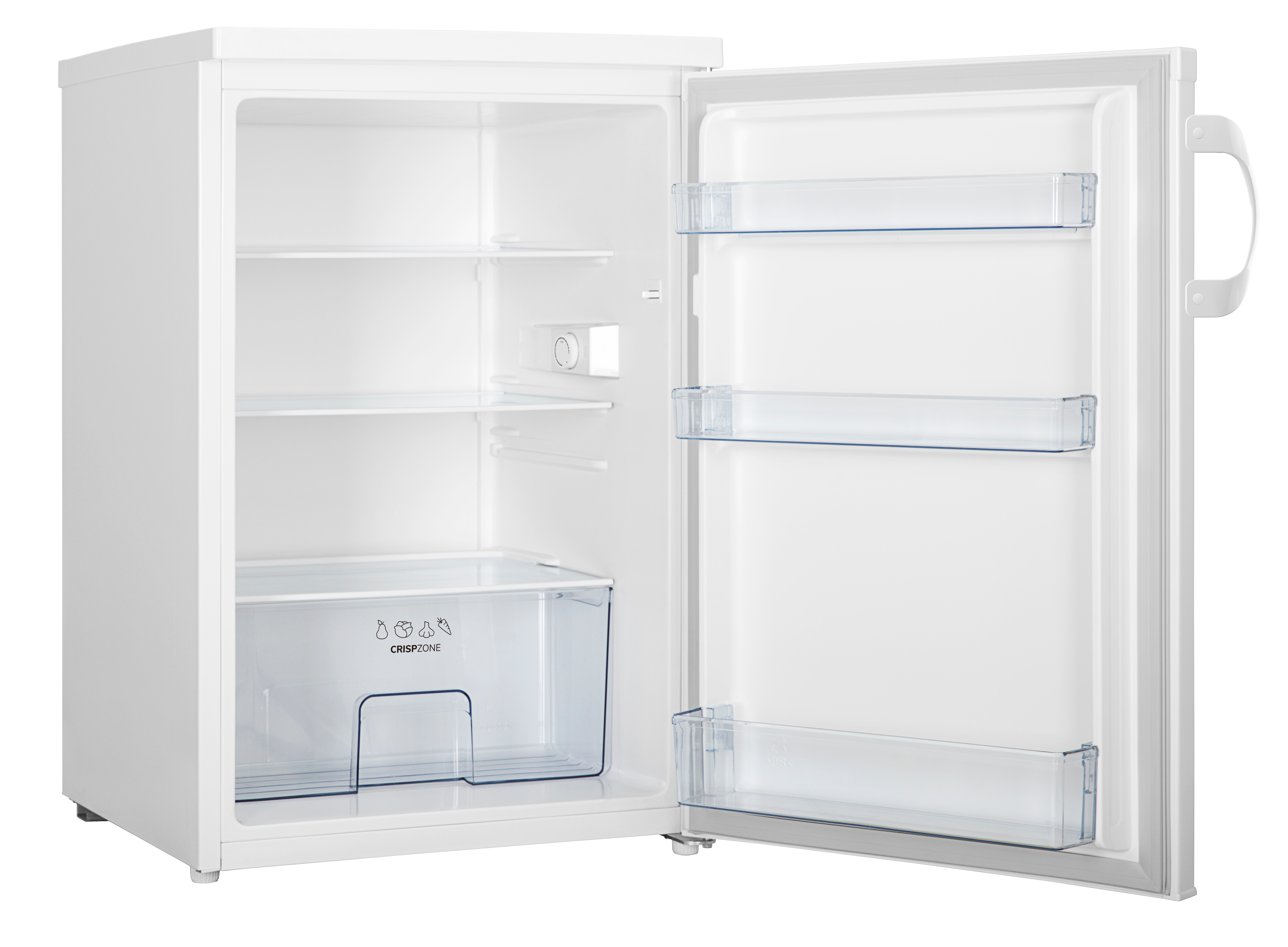 Ein weißer Mini-Kühlschrank, offen, mit Regalen und Stauraum. Das Innere ist weiß.