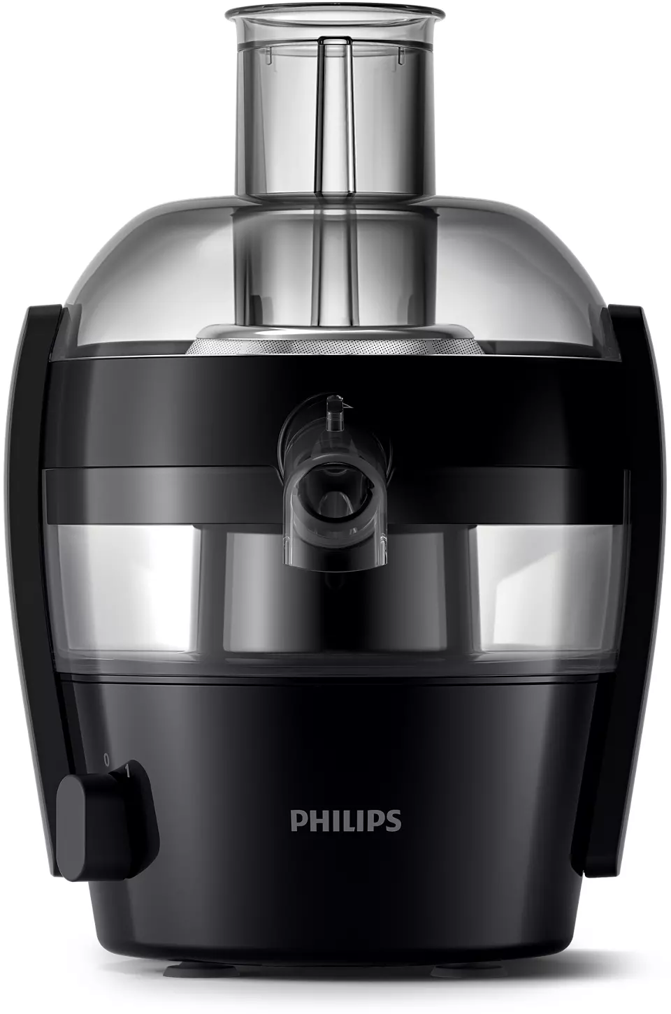Schwarzer Philips Entsafter mit transparentem Deckel. Weißer Hintergrund.