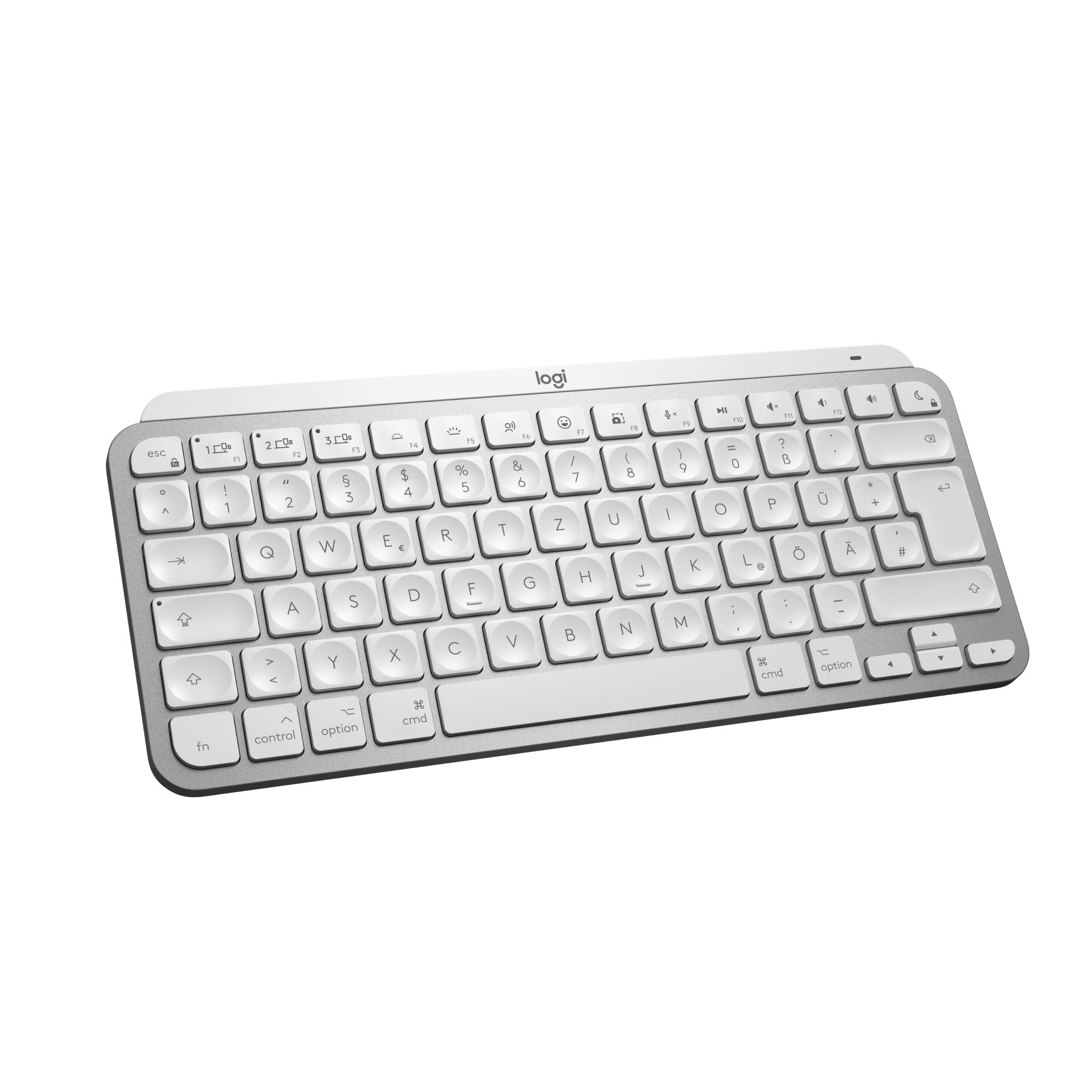 Silberne Tastatur mit weißen Tasten und der Marke logi. Sie hat ein minimalistisches Design.