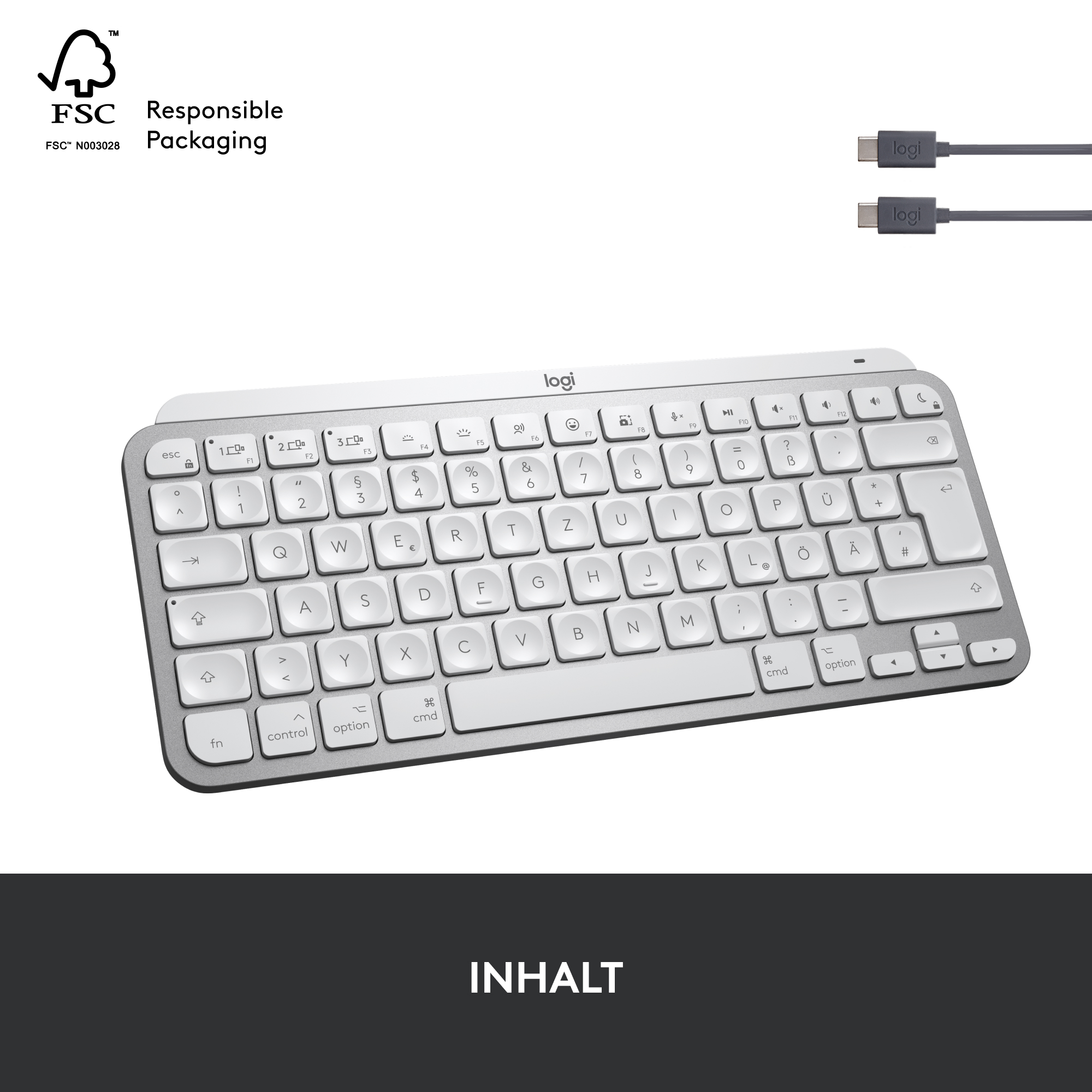 Weiße und silberne Tastatur mit Tasten. USB-C-Kabel und Verpackung sind abgebildet.