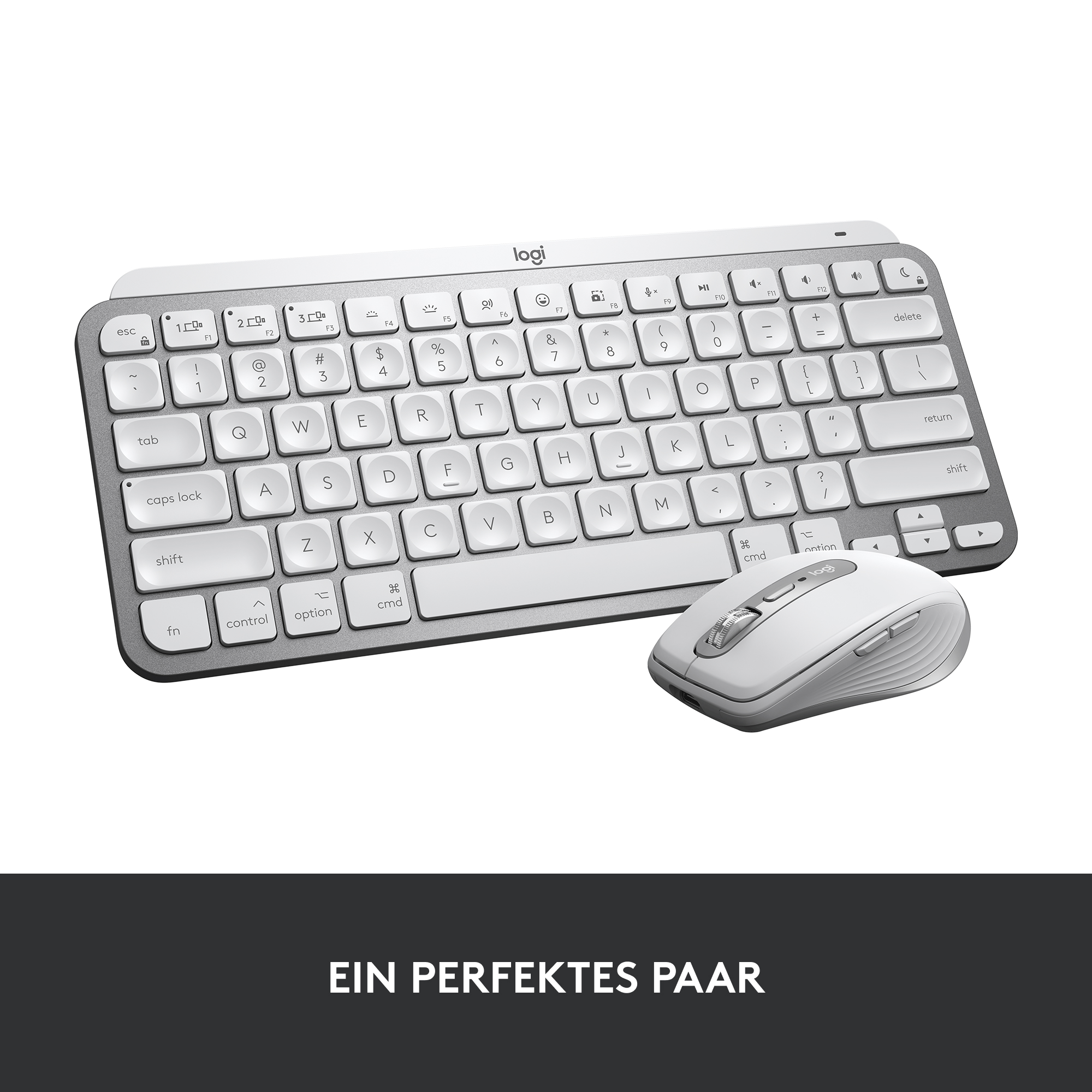 Weiße und graue Logitech Tastatur und Maus auf weißem Hintergrund, mit Text darunter.