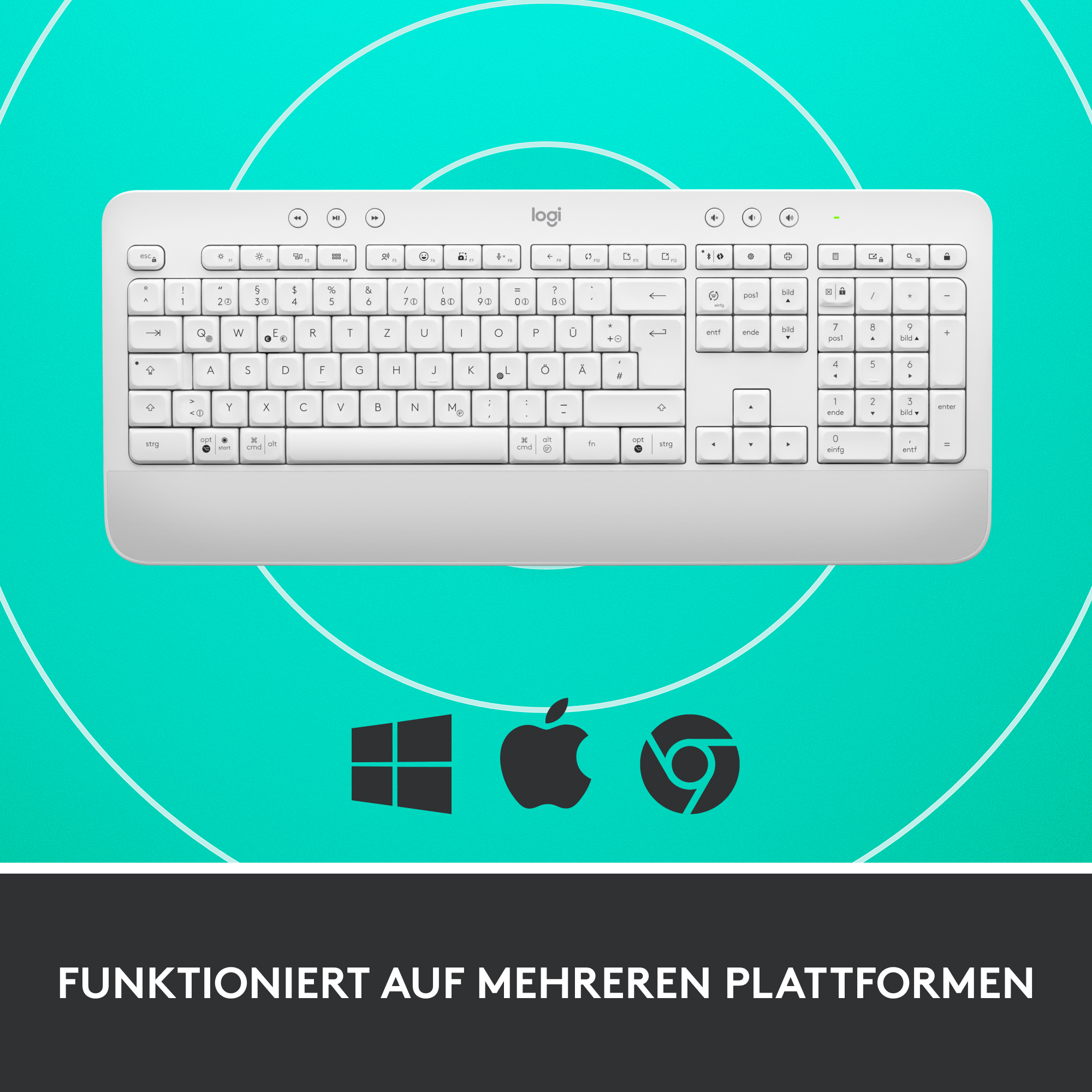 Eine weiße Tastatur mit schwarzen Symbolen. Der Hintergrund hat Windows-, Apple- und Chrome-Symbole.