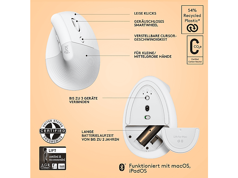 LOGITECH Lift for Mac Vertikale ergonomische kabellose Maus, Bluetooth, Weiß — Foto 5 von 5