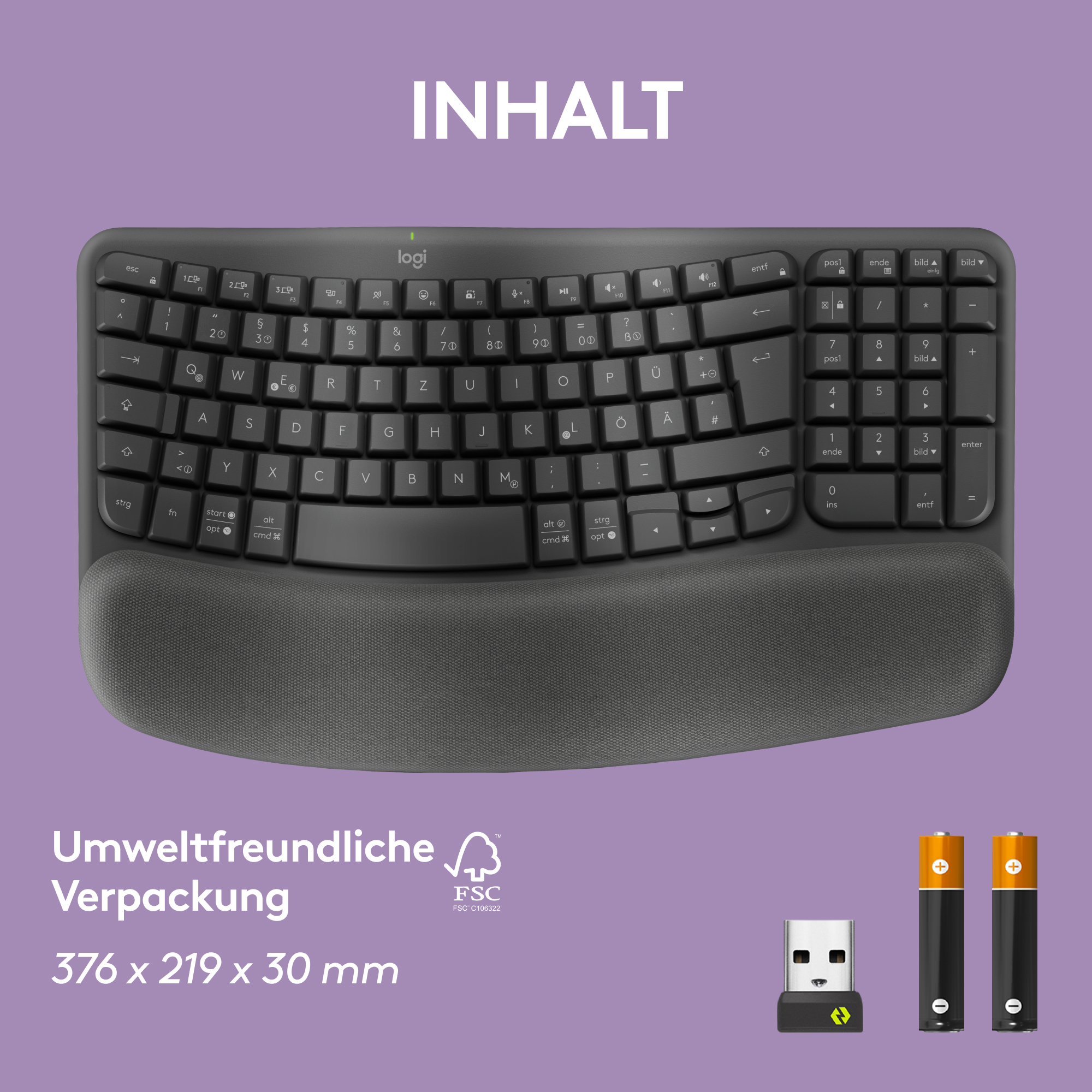 Schwarze ergonomische Tastatur mit Handballenauflage, USB-Dongle und Batterien.