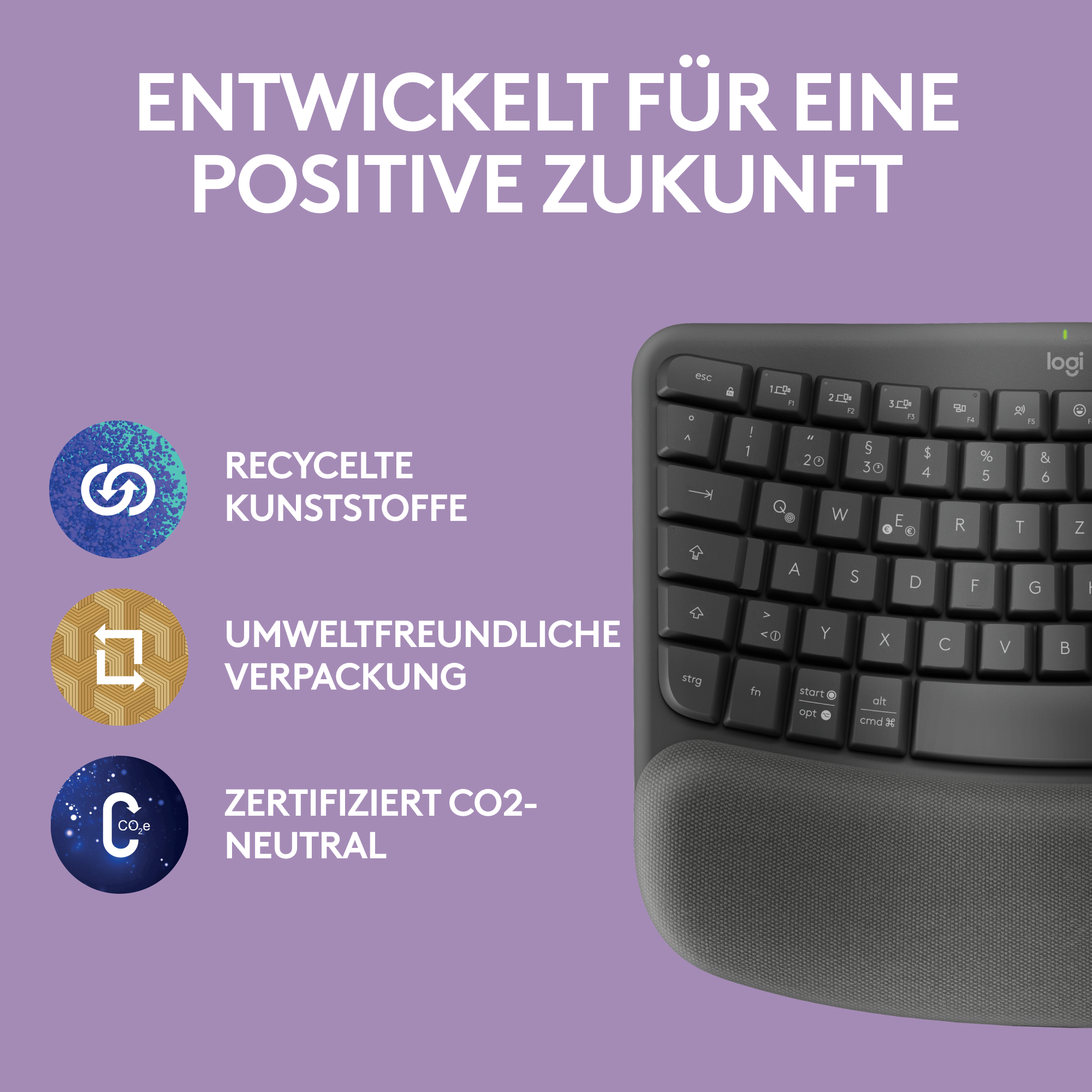 Tastatur mit Kreissymbolen und Text. Zeigt Recycling, umweltfreundliche Verpackung und CO2-neutral.