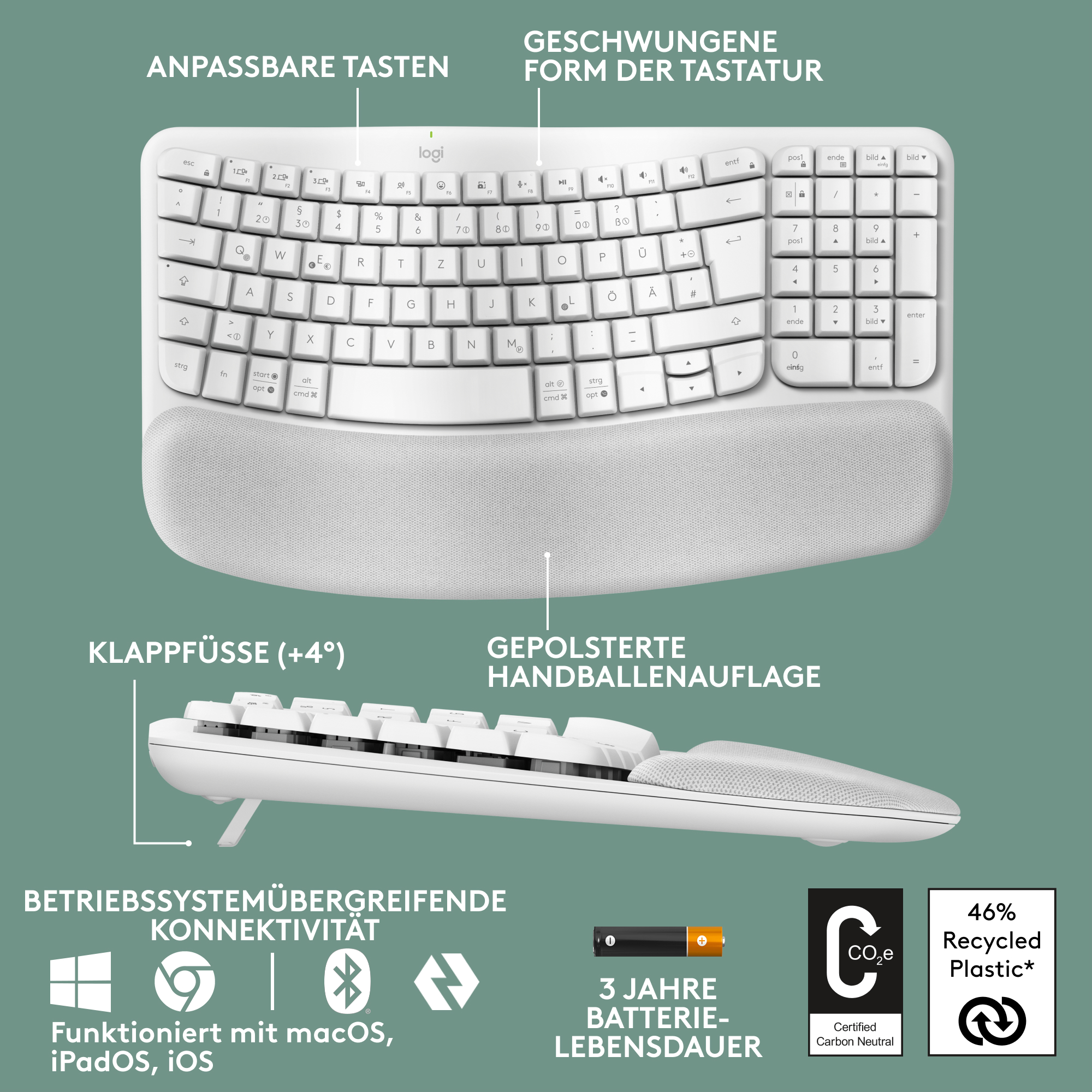 Weiße ergonomische Tastatur mit Handballenauflage. Sie verfügt über beschriftete Tasten und ein gekrümmtes Design.