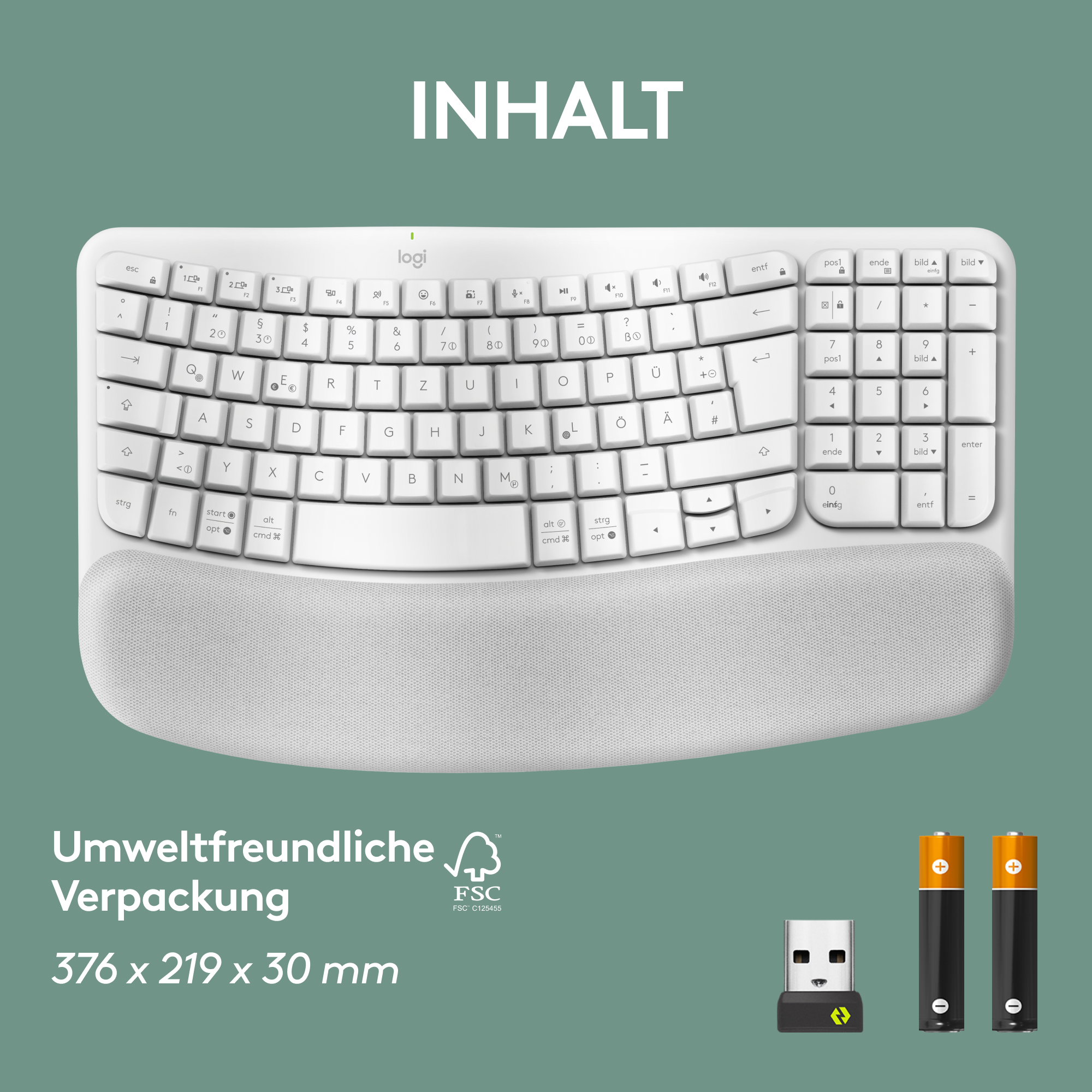 Weiße ergonomische Tastatur mit Handballenauflage und Batterien.