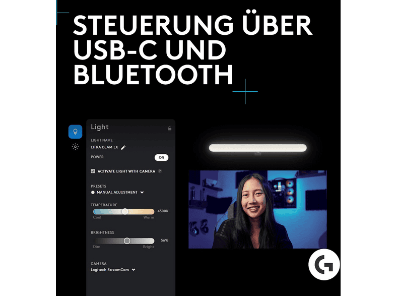 Logitech G Litra Beam LX, Lightsync RGB, Doppelseitiges RGB-Streaming-Hauptlicht mit TrueSoft™ Zweifarbig 2700K–6500K; LED-Leuchte — Foto 5 von 5