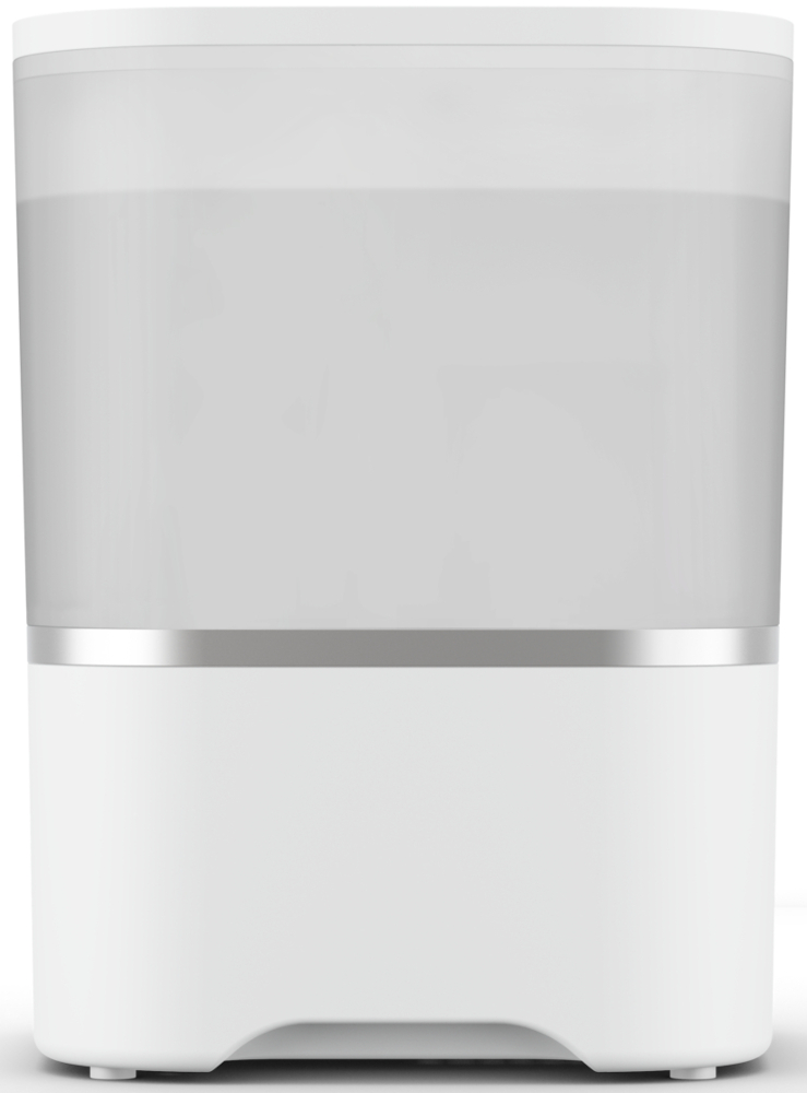 White and clear water container. The top part is transparent with a silver band at the bottom.