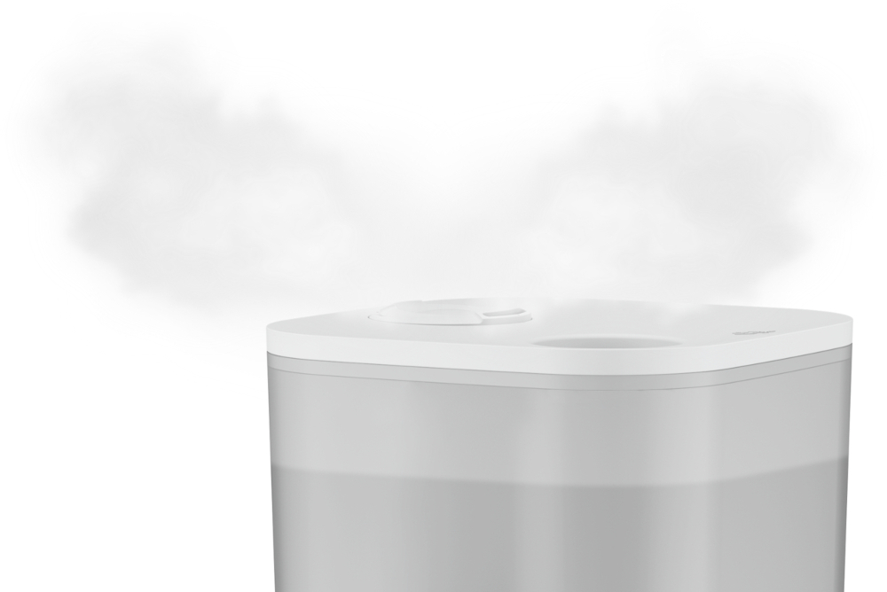 White and gray humidifier, emitting steam against a white background.