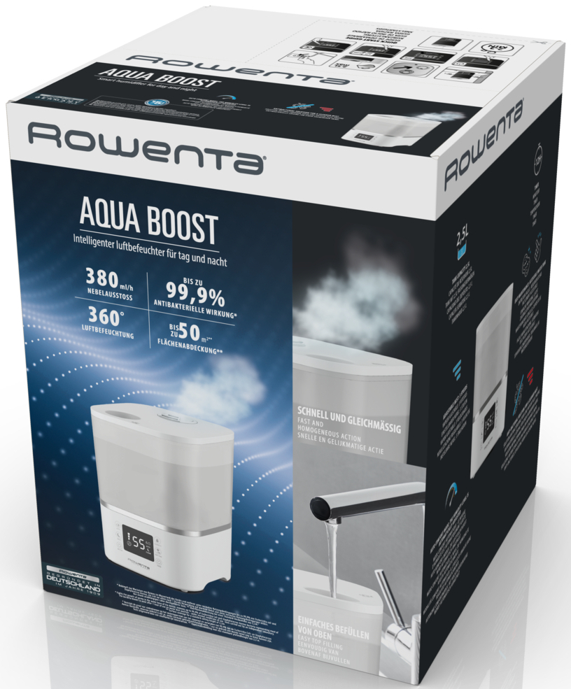Rowenta Aqua Boost humidifier box. Features include 380 ml/h mist, 99.9% antibacterial action, and 360° humidity.