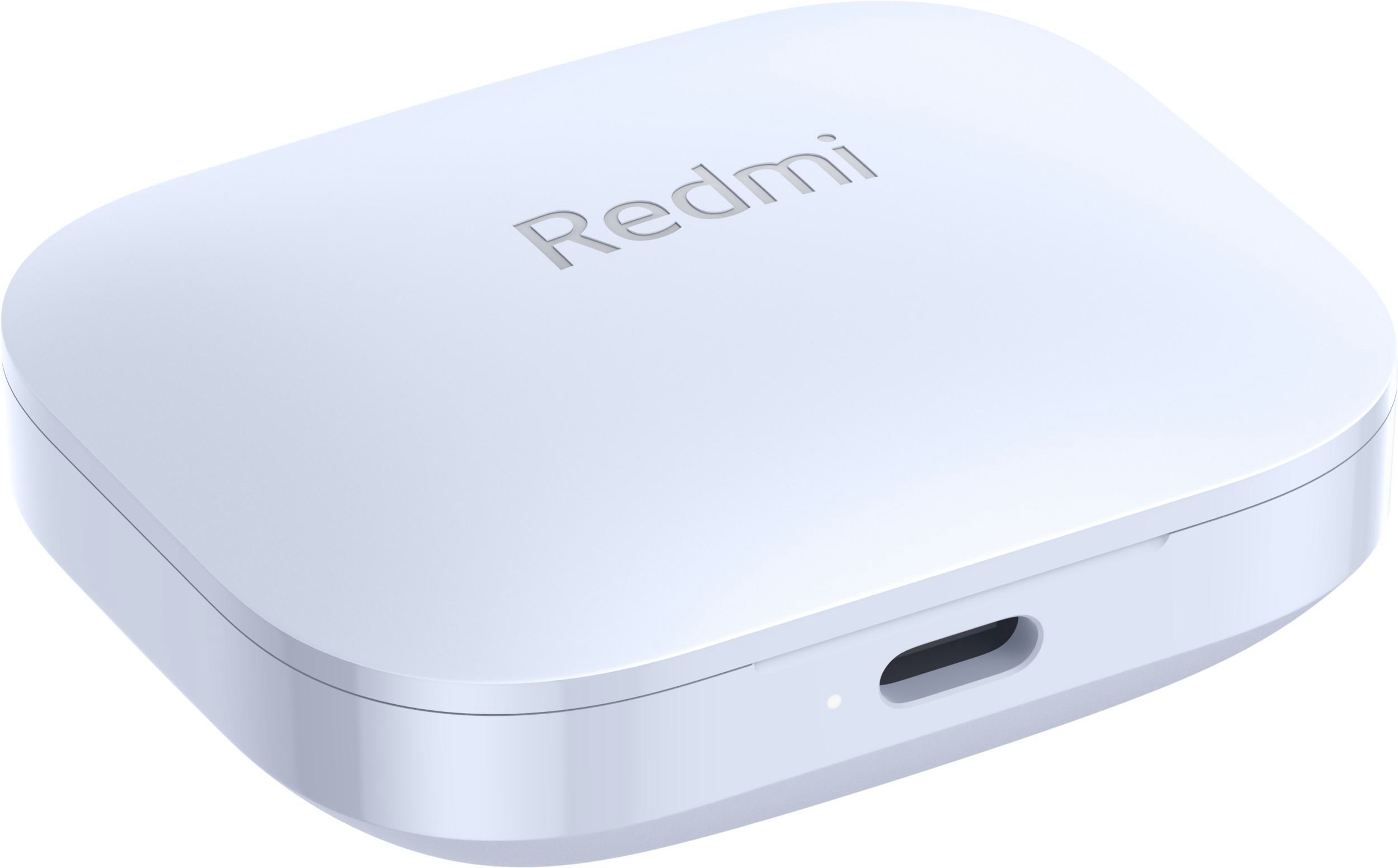 Weißes, quadratisches Ladecase für Ohrhörer, mit dem Wort Redmi oben.