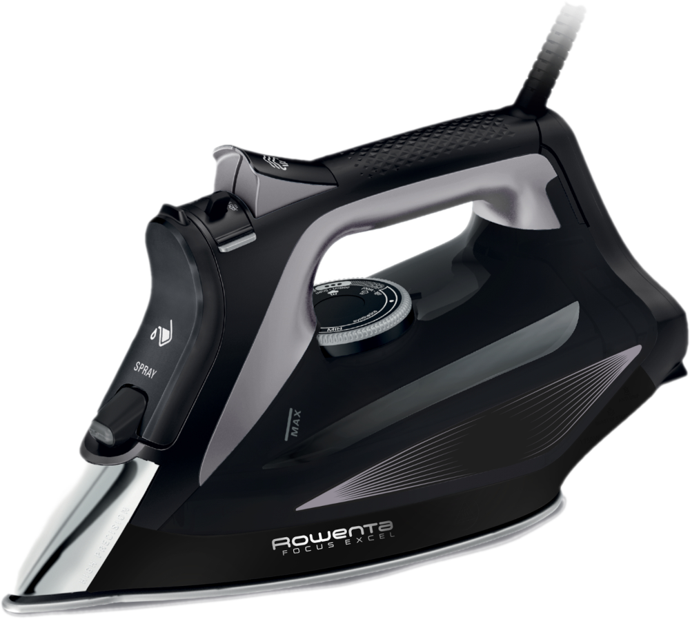 Fer à repasser Rowenta Focus Excel noir et argent avec commandes de vaporisation et de vapeur.